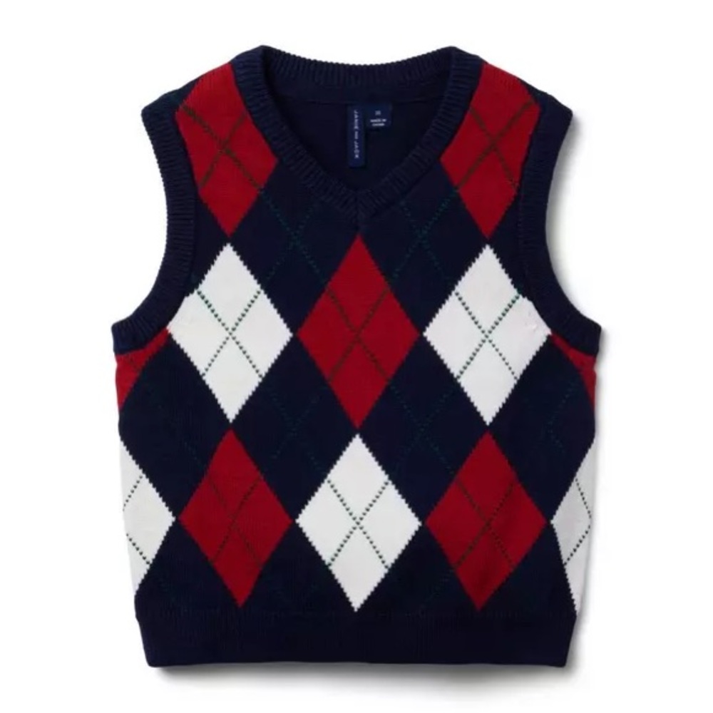 Janie and Jack Argyle Sweater Vest (Navy/Red/White) Size 7
